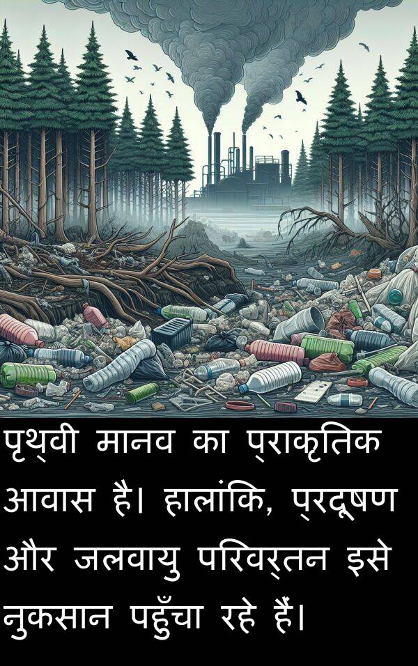 आवास: पृथ्वी मानव का प्राकृतिक आवास है। हालांकि, प्रदूषण और जलवायु परिवर्तन इसे नुकसान पहुँचा रहे हैं।