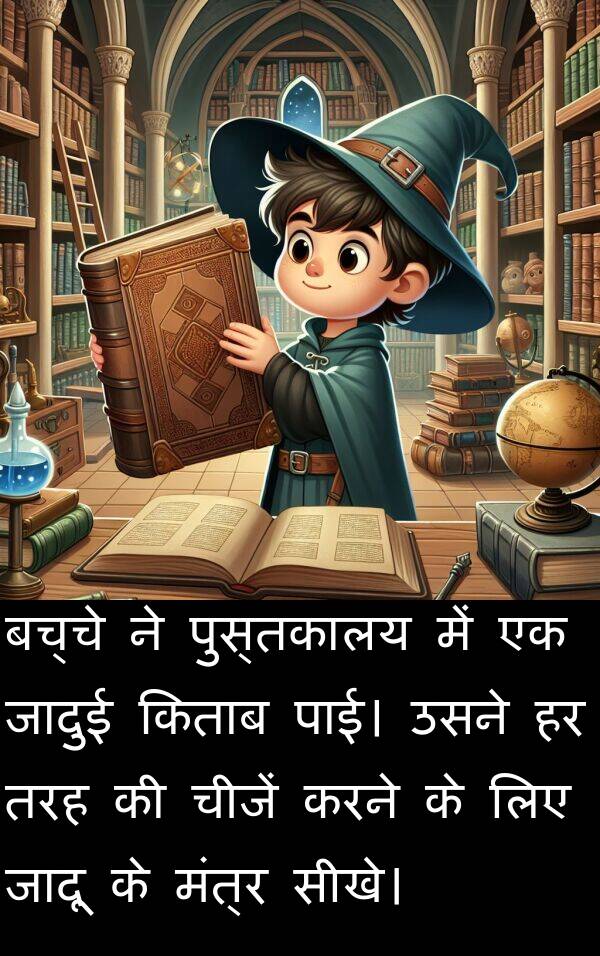 पाई।: बच्चे ने पुस्तकालय में एक जादुई किताब पाई। उसने हर तरह की चीजें करने के लिए जादू के मंत्र सीखे।