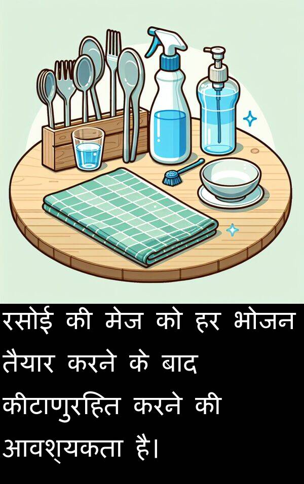तैयार: रसोई की मेज को हर भोजन तैयार करने के बाद कीटाणुरहित करने की आवश्यकता है।