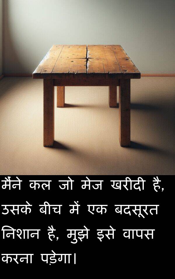 खरीदी: मैंने कल जो मेज खरीदी है, उसके बीच में एक बदसूरत निशान है, मुझे इसे वापस करना पड़ेगा।