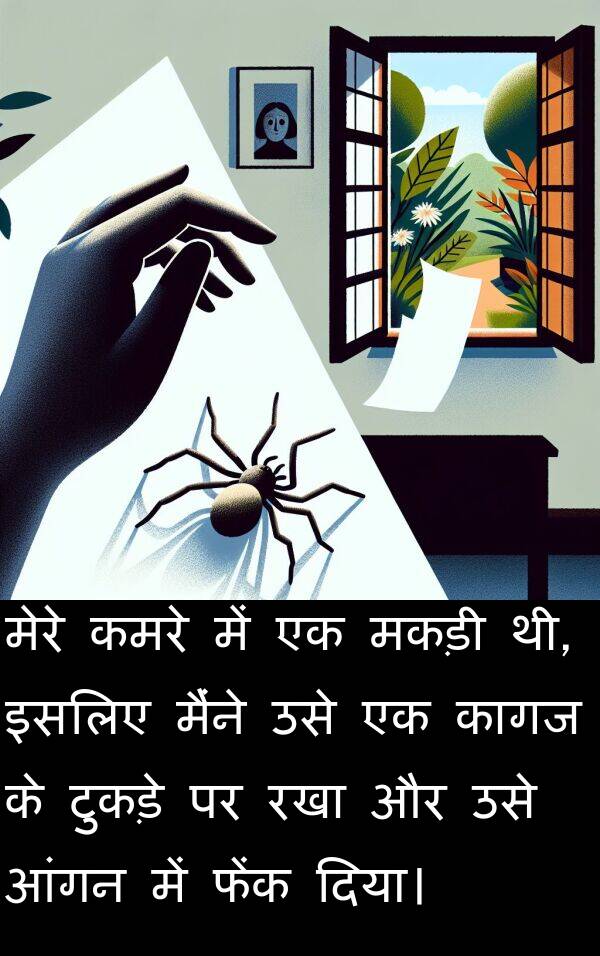 आंगन: मेरे कमरे में एक मकड़ी थी, इसलिए मैंने उसे एक कागज के टुकड़े पर रखा और उसे आंगन में फेंक दिया।