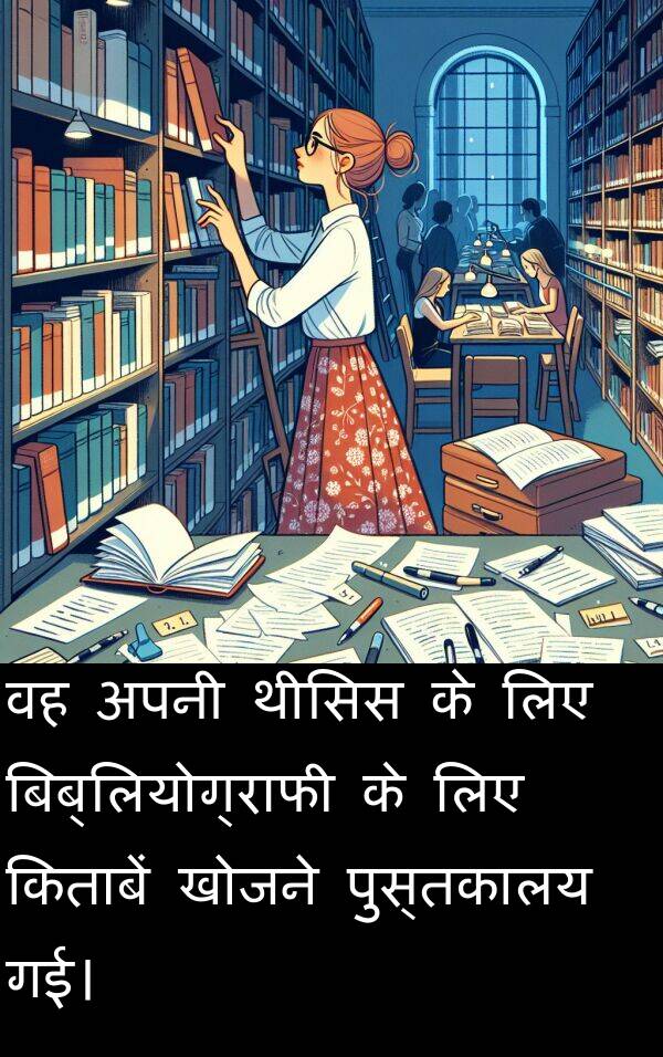 खोजने: वह अपनी थीसिस के लिए बिब्लियोग्राफी के लिए किताबें खोजने पुस्तकालय गई।