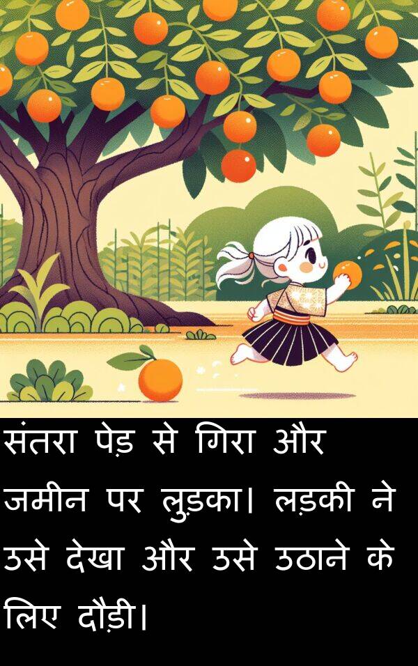 लड़की: संतरा पेड़ से गिरा और जमीन पर लुड़का। लड़की ने उसे देखा और उसे उठाने के लिए दौड़ी।