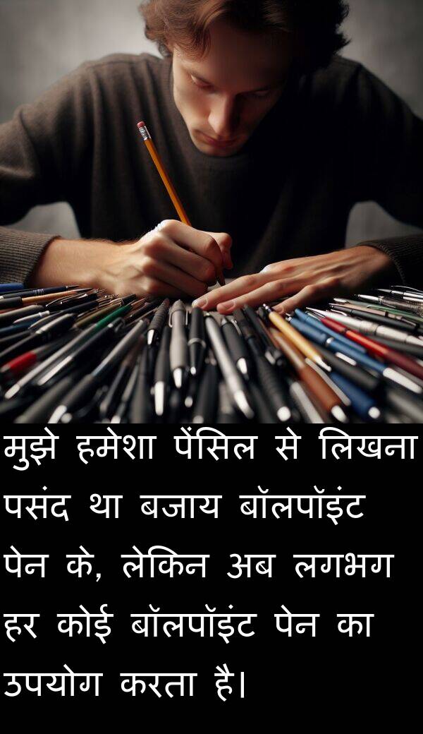 लिखना: मुझे हमेशा पेंसिल से लिखना पसंद था बजाय बॉलपॉइंट पेन के, लेकिन अब लगभग हर कोई बॉलपॉइंट पेन का उपयोग करता है।
