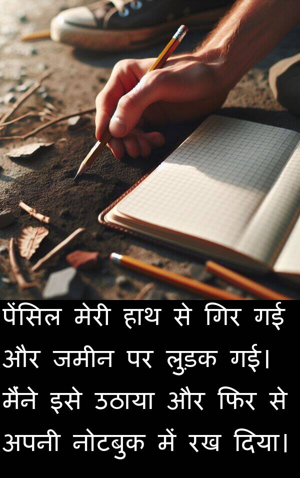 उठाया: पेंसिल मेरी हाथ से गिर गई और जमीन पर लुड़क गई। मैंने इसे उठाया और फिर से अपनी नोटबुक में रख दिया।