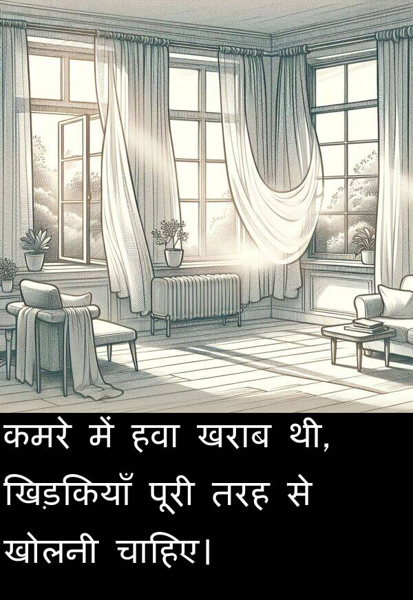 खराब: कमरे में हवा खराब थी, खिड़कियाँ पूरी तरह से खोलनी चाहिए।