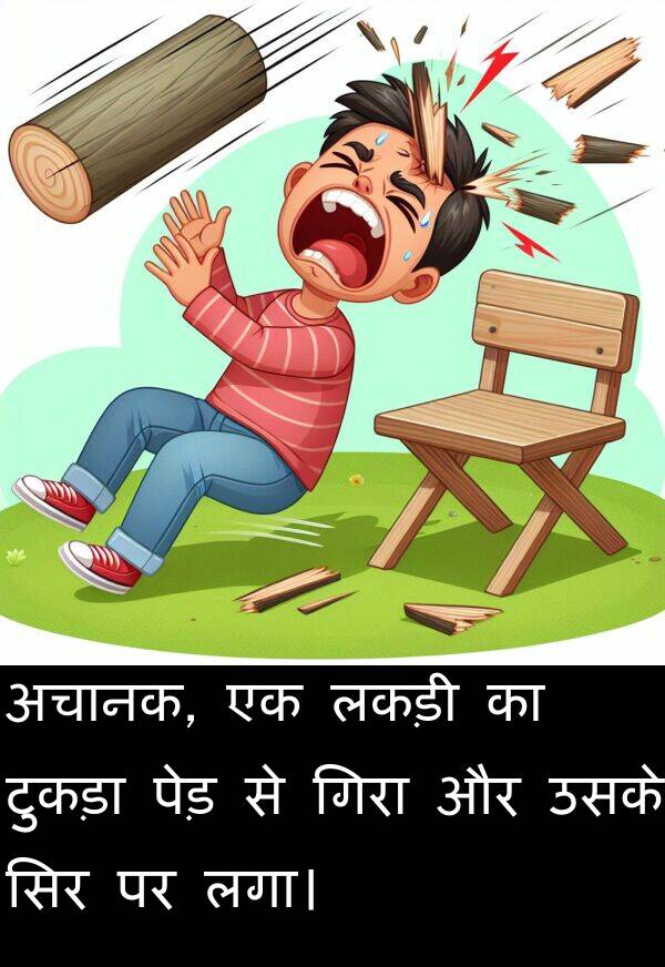 लकड़ी: अचानक, एक लकड़ी का टुकड़ा पेड़ से गिरा और उसके सिर पर लगा।