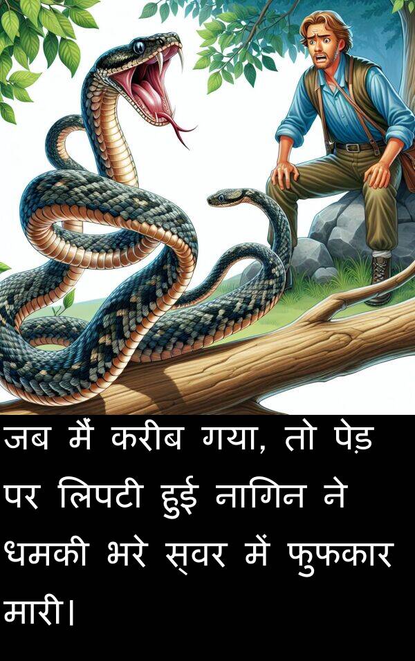 करीब: जब मैं करीब गया, तो पेड़ पर लिपटी हुई नागिन ने धमकी भरे स्वर में फुफकार मारी।