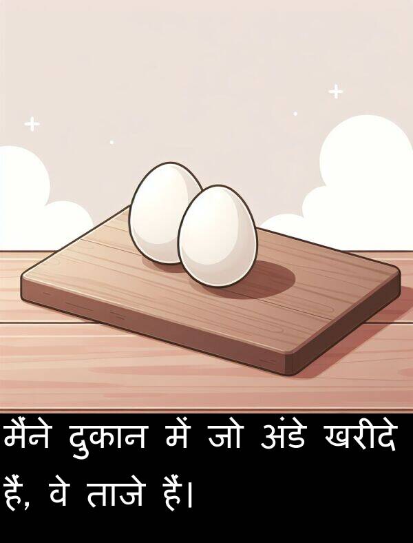 ताजे: मैंने दुकान में जो अंडे खरीदे हैं, वे ताजे हैं।