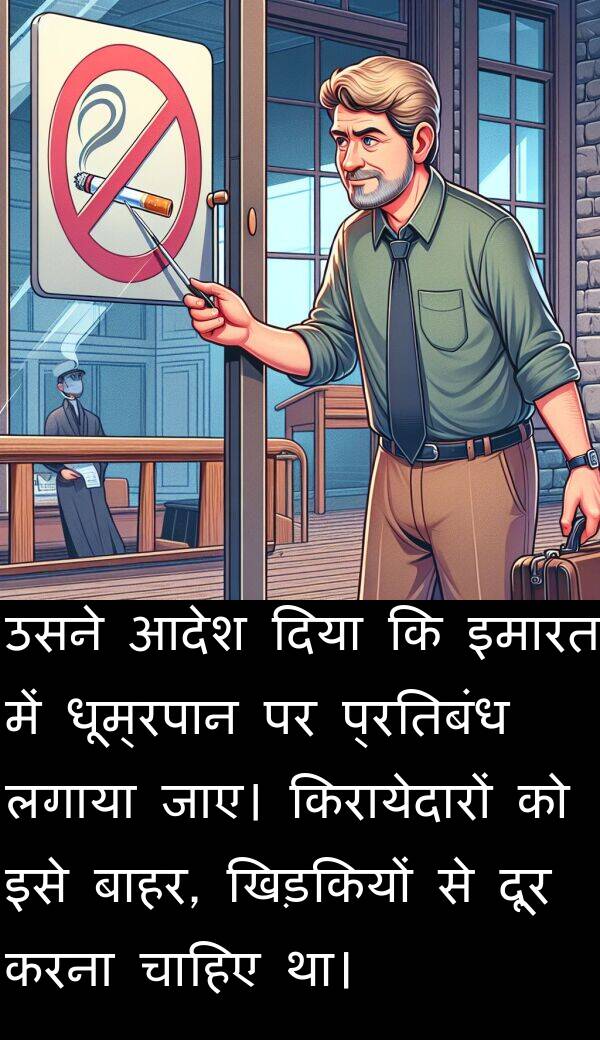 लगाया: उसने आदेश दिया कि इमारत में धूम्रपान पर प्रतिबंध लगाया जाए। किरायेदारों को इसे बाहर, खिड़कियों से दूर करना चाहिए था।
