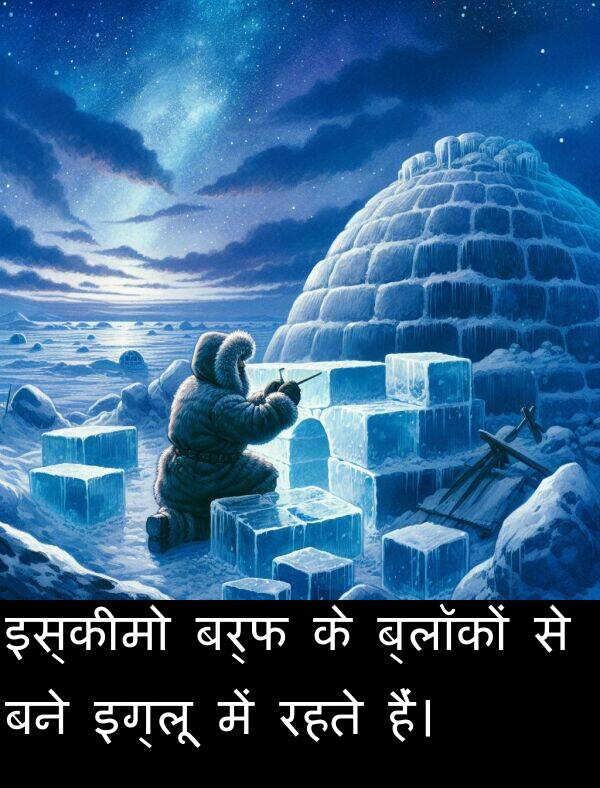 रहते: इस्कीमो बर्फ के ब्लॉकों से बने इग्लू में रहते हैं।