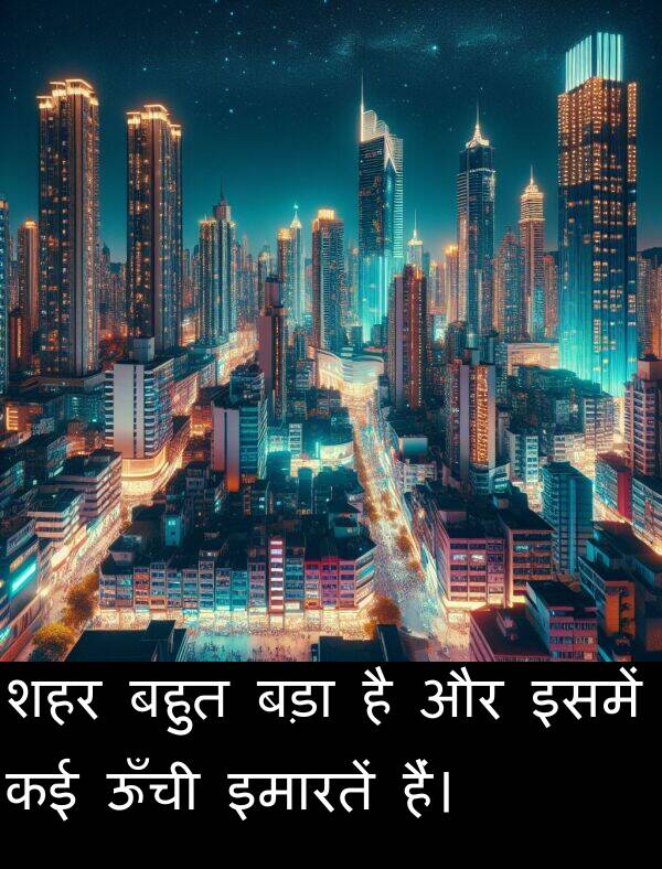इसमें: शहर बहुत बड़ा है और इसमें कई ऊँची इमारतें हैं।