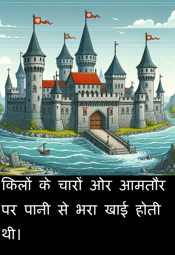 खाई: किलों के चारों ओर आमतौर पर पानी से भरा खाई होती थी।