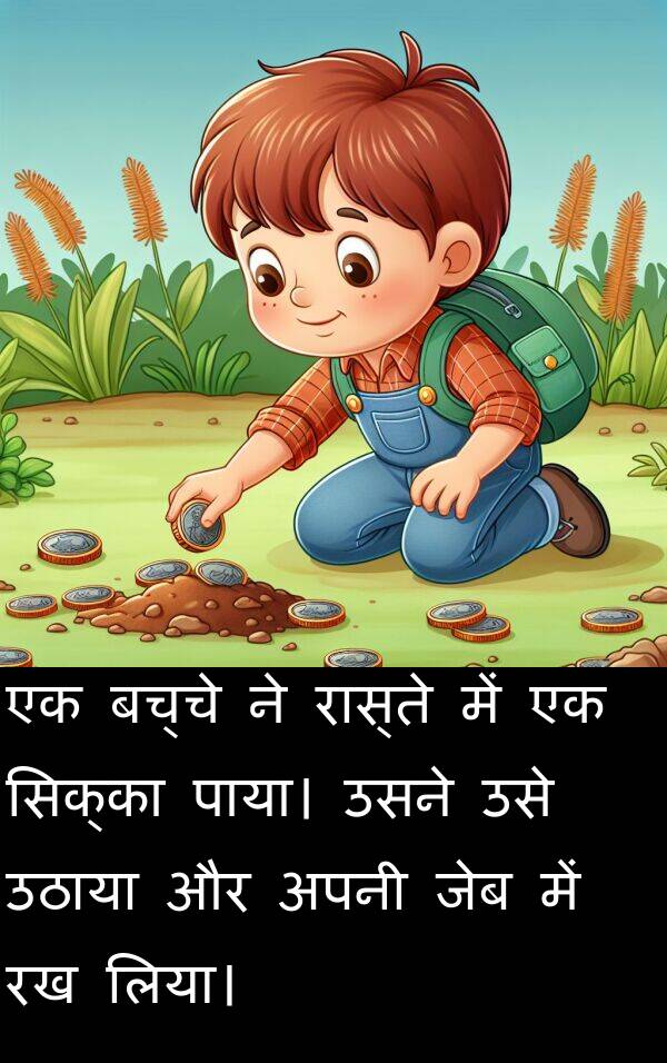 उठाया: एक बच्चे ने रास्ते में एक सिक्का पाया। उसने उसे उठाया और अपनी जेब में रख लिया।