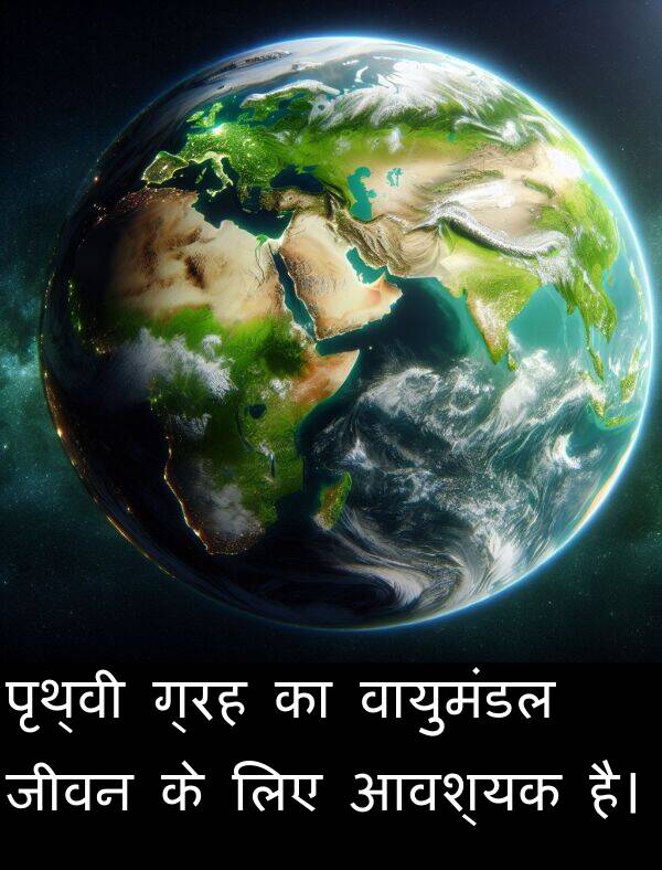ग्रह: पृथ्वी ग्रह का वायुमंडल जीवन के लिए आवश्यक है।