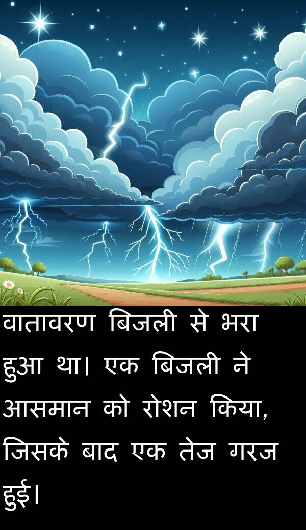 आसमान: वातावरण बिजली से भरा हुआ था। एक बिजली ने आसमान को रोशन किया, जिसके बाद एक तेज गरज हुई।