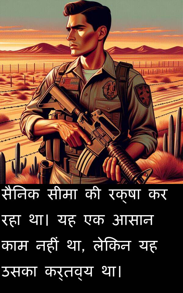उसका: सैनिक सीमा की रक्षा कर रहा था। यह एक आसान काम नहीं था, लेकिन यह उसका कर्तव्य था।