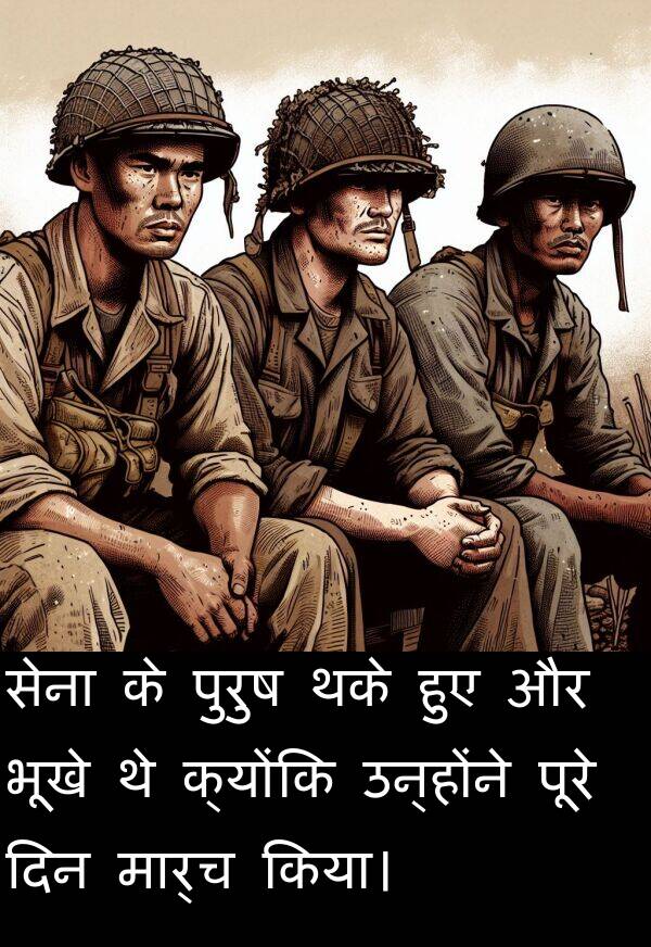 उन्होंने: सेना के पुरुष थके हुए और भूखे थे क्योंकि उन्होंने पूरे दिन मार्च किया।
