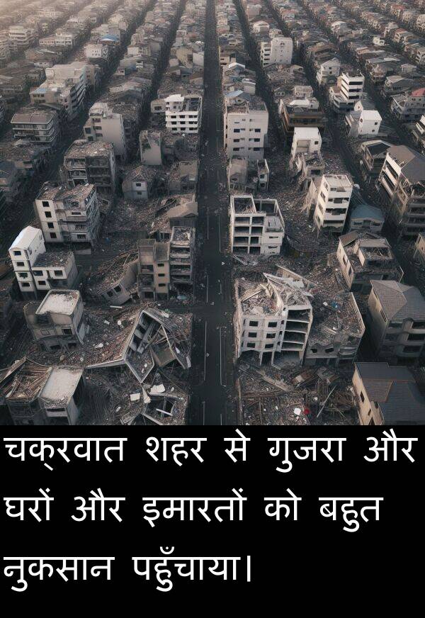 पहुँचाया।: चक्रवात शहर से गुजरा और घरों और इमारतों को बहुत नुकसान पहुँचाया।