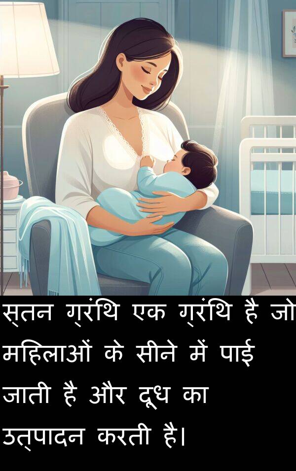 उत्पादन: स्तन ग्रंथि एक ग्रंथि है जो महिलाओं के सीने में पाई जाती है और दूध का उत्पादन करती है।