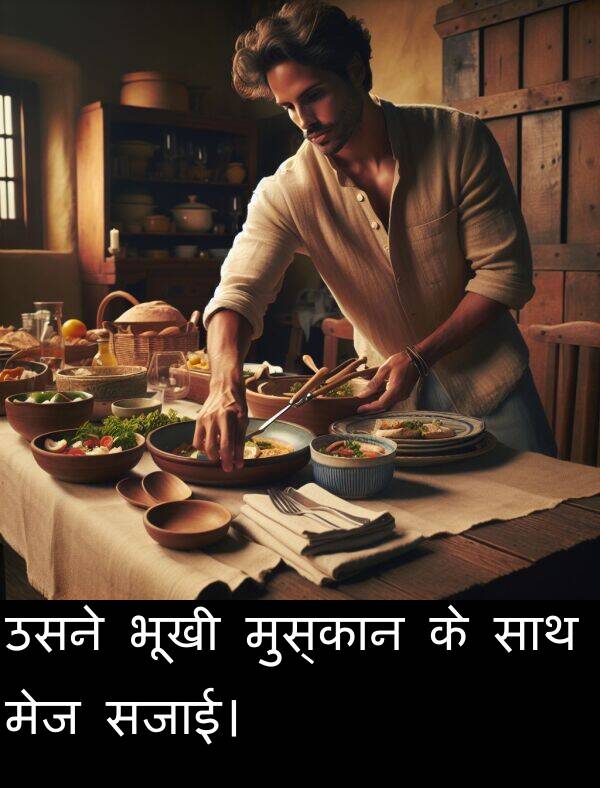 उसने: उसने भूखी मुस्कान के साथ मेज सजाई।