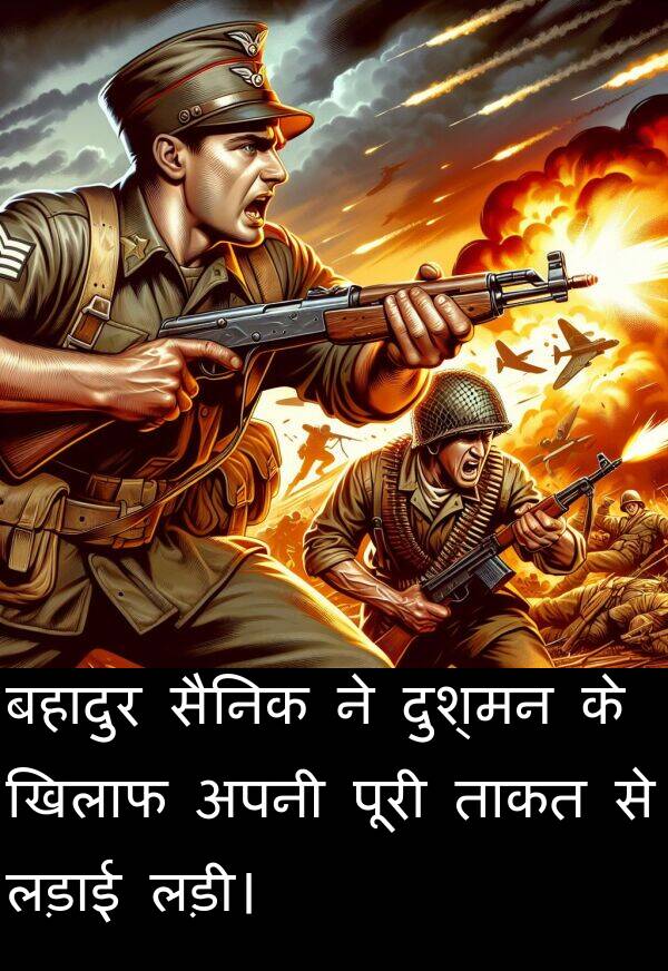 लड़ी।: बहादुर सैनिक ने दुश्मन के खिलाफ अपनी पूरी ताकत से लड़ाई लड़ी।