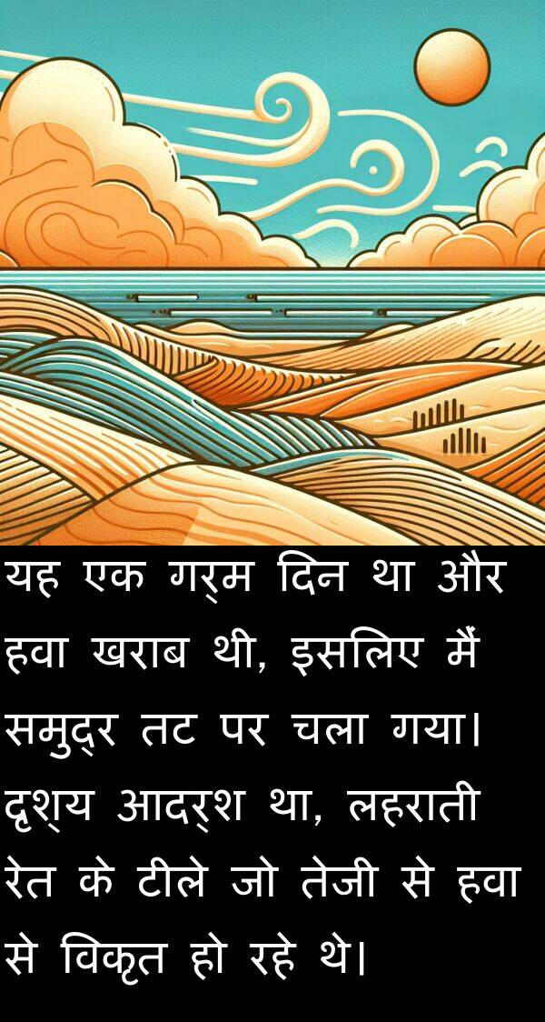 लहराती: यह एक गर्म दिन था और हवा खराब थी, इसलिए मैं समुद्र तट पर चला गया। दृश्य आदर्श था, लहराती रेत के टीले जो तेजी से हवा से विकृत हो रहे थे।