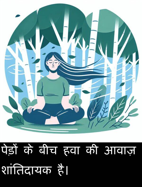 आवाज़: पेड़ों के बीच हवा की आवाज़ शांतिदायक है।