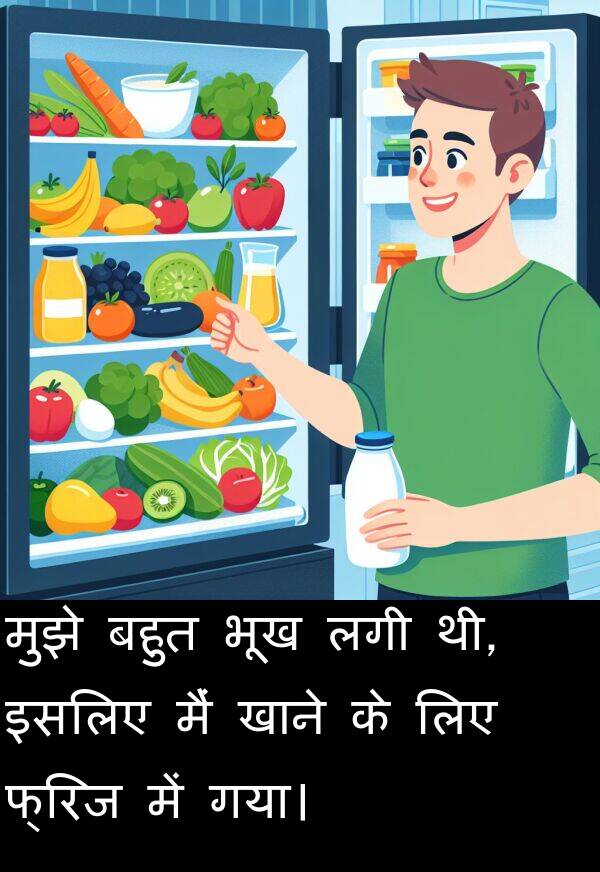 लगी: मुझे बहुत भूख लगी थी, इसलिए मैं खाने के लिए फ्रिज में गया।