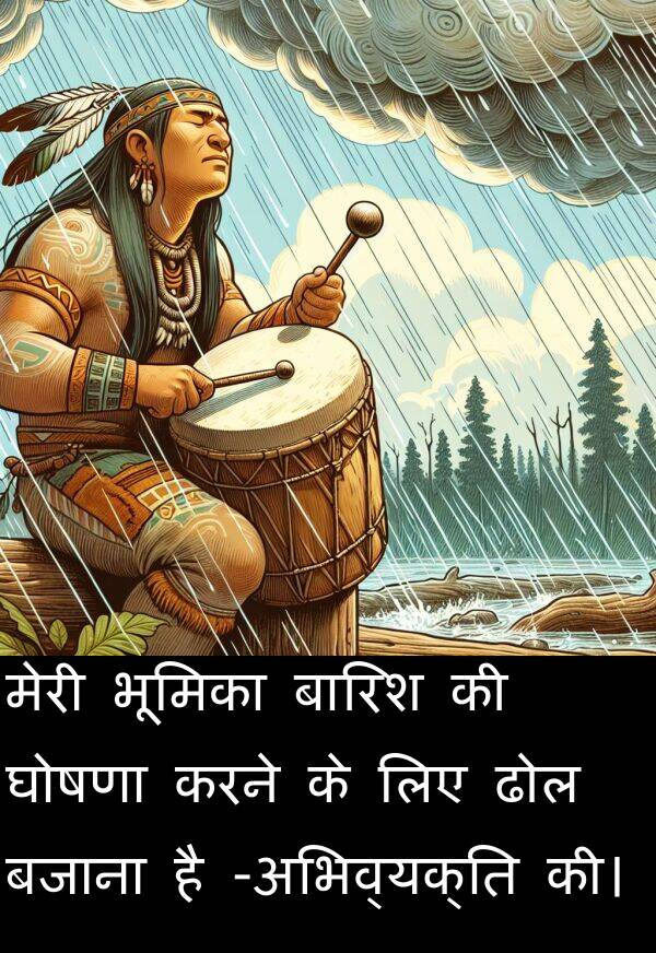 बजाना: मेरी भूमिका बारिश की घोषणा करने के लिए ढोल बजाना है -अभिव्यक्ति की।