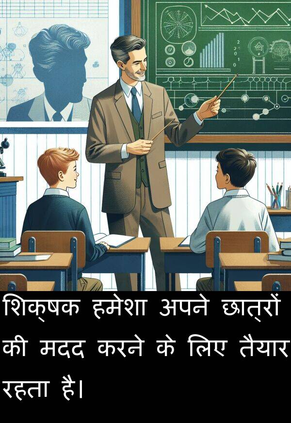 छात्रों: शिक्षक हमेशा अपने छात्रों की मदद करने के लिए तैयार रहता है।