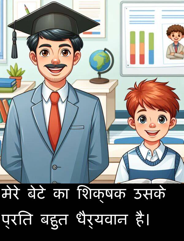 धैर्यवान: मेरे बेटे का शिक्षक उसके प्रति बहुत धैर्यवान है।