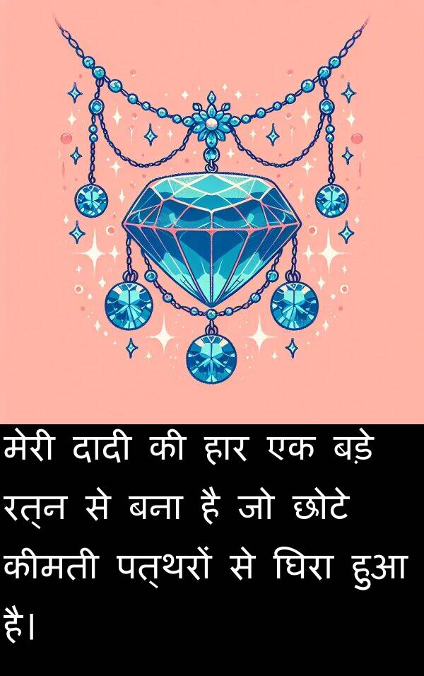 पत्थरों: मेरी दादी की हार एक बड़े रत्न से बना है जो छोटे कीमती पत्थरों से घिरा हुआ है।