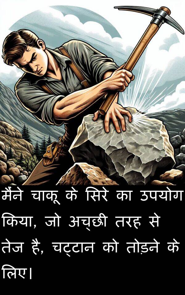 लिए।: मैंने चाकू के सिरे का उपयोग किया, जो अच्छी तरह से तेज है, चट्टान को तोड़ने के लिए।