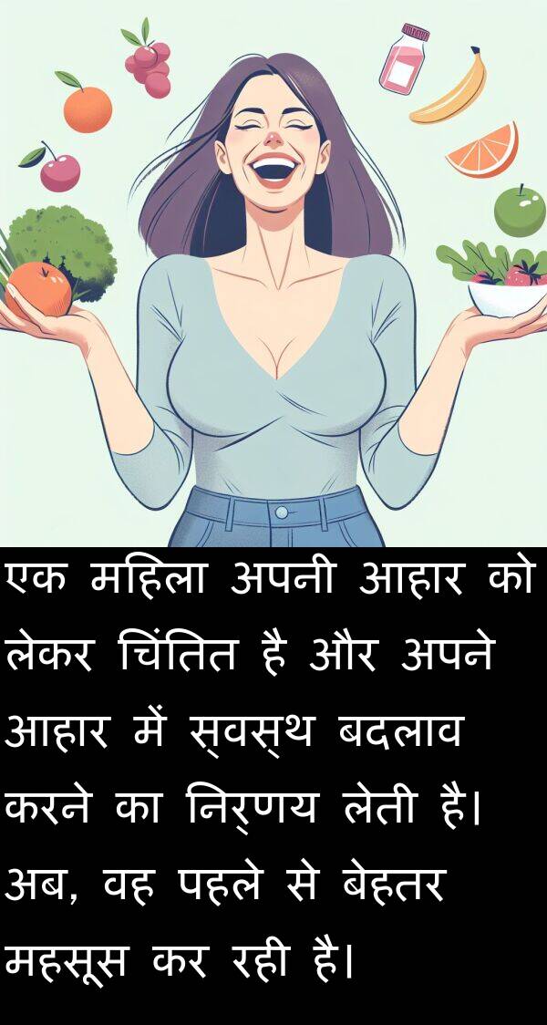 लेकर: एक महिला अपनी आहार को लेकर चिंतित है और अपने आहार में स्वस्थ बदलाव करने का निर्णय लेती है। अब, वह पहले से बेहतर महसूस कर रही है।