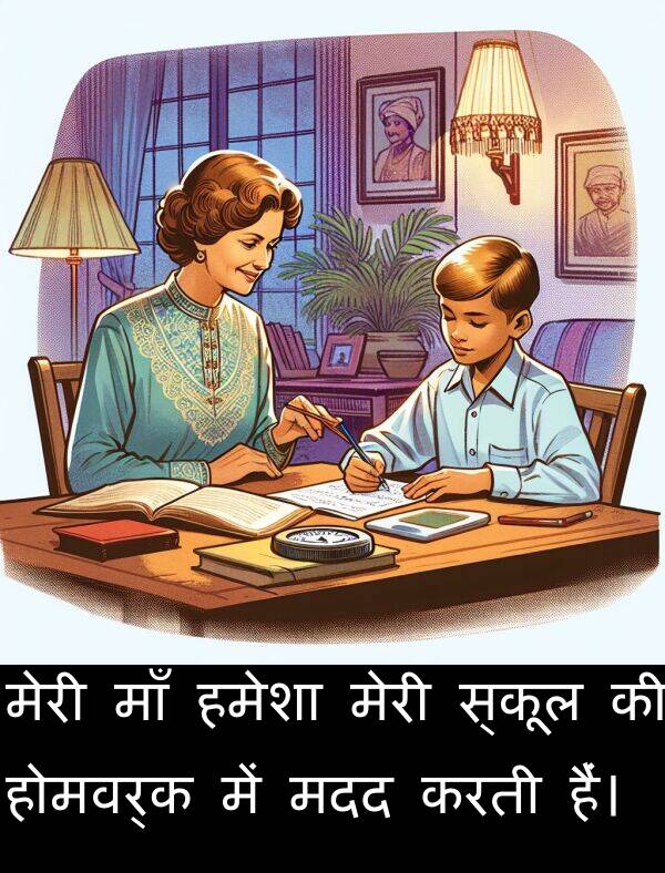 मदद: मेरी माँ हमेशा मेरी स्कूल की होमवर्क में मदद करती हैं।
