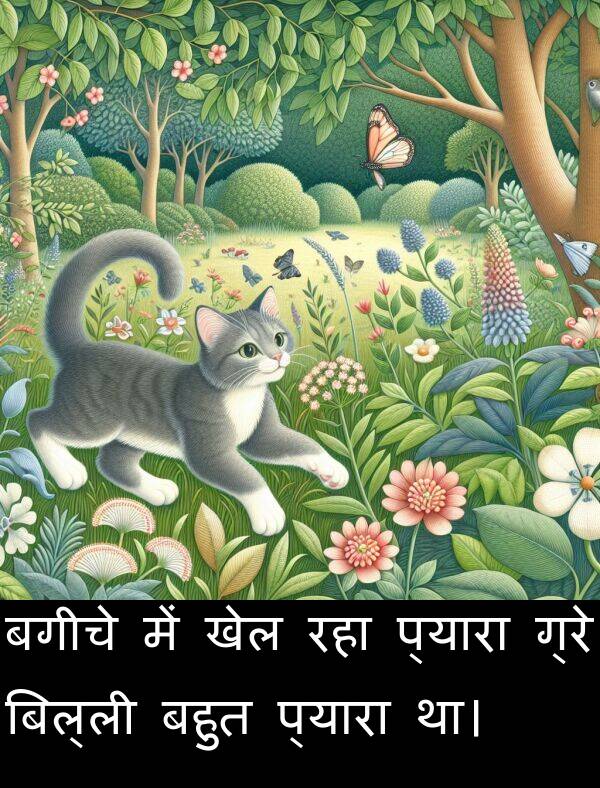 खेल: बगीचे में खेल रहा प्यारा ग्रे बिल्ली बहुत प्यारा था।