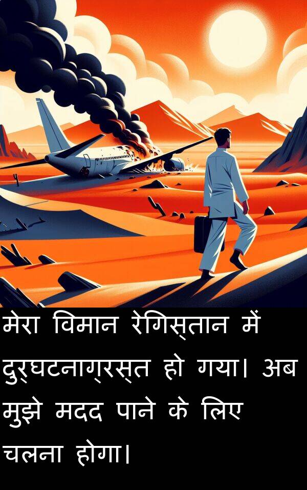 रेगिस्तान: मेरा विमान रेगिस्तान में दुर्घटनाग्रस्त हो गया। अब मुझे मदद पाने के लिए चलना होगा।