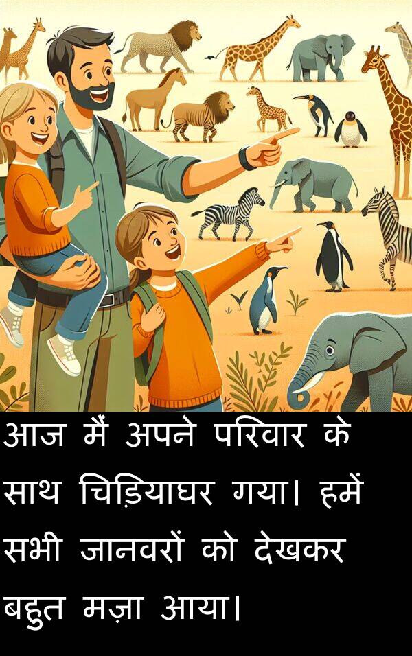 परिवार: आज मैं अपने परिवार के साथ चिड़ियाघर गया। हमें सभी जानवरों को देखकर बहुत मज़ा आया।