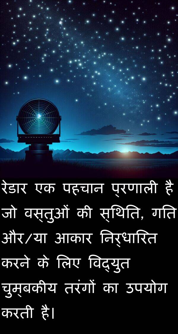 चुम्बकीय: रेडार एक पहचान प्रणाली है जो वस्तुओं की स्थिति, गति और/या आकार निर्धारित करने के लिए विद्युत चुम्बकीय तरंगों का उपयोग करती है।
