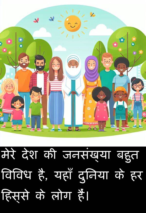 लोग: मेरे देश की जनसंख्या बहुत विविध है, यहाँ दुनिया के हर हिस्से के लोग हैं।