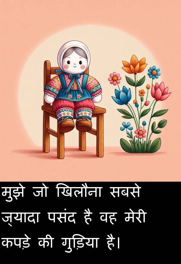 खिलौना: मुझे जो खिलौना सबसे ज्यादा पसंद है वह मेरी कपड़े की गुड़िया है।