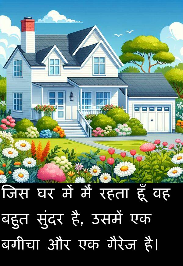 उसमें: जिस घर में मैं रहता हूँ वह बहुत सुंदर है, उसमें एक बगीचा और एक गैरेज है।
