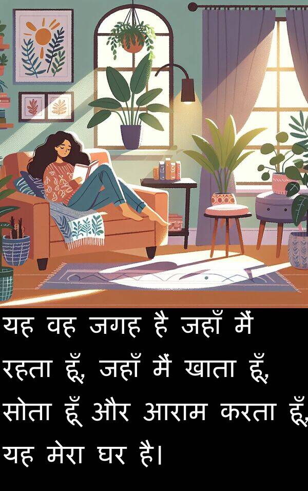 खाता: यह वह जगह है जहाँ मैं रहता हूँ, जहाँ मैं खाता हूँ, सोता हूँ और आराम करता हूँ, यह मेरा घर है।