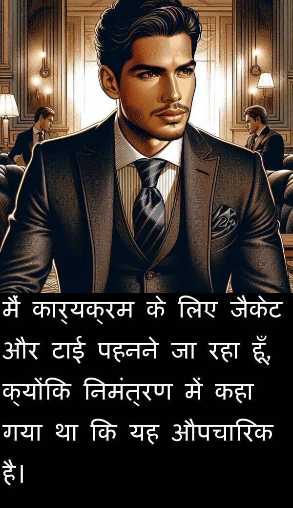 पहनने: मैं कार्यक्रम के लिए जैकेट और टाई पहनने जा रहा हूँ, क्योंकि निमंत्रण में कहा गया था कि यह औपचारिक है।