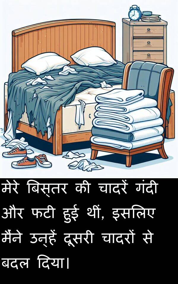 बदल: मेरे बिस्तर की चादरें गंदी और फटी हुई थीं, इसलिए मैंने उन्हें दूसरी चादरों से बदल दिया।