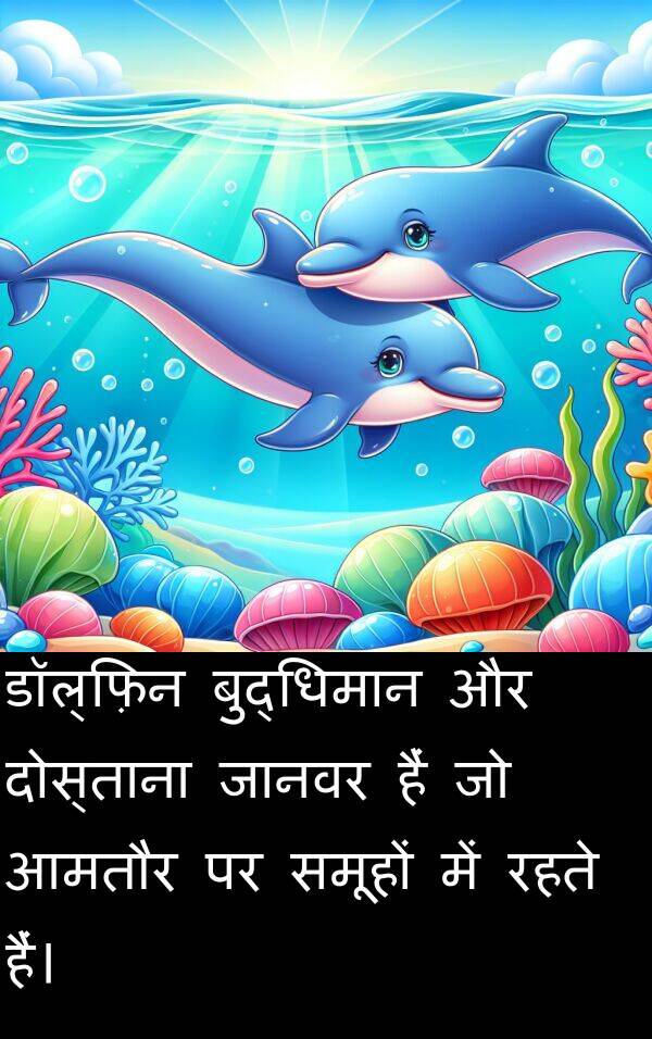 रहते: डॉल्फ़िन बुद्धिमान और दोस्ताना जानवर हैं जो आमतौर पर समूहों में रहते हैं।