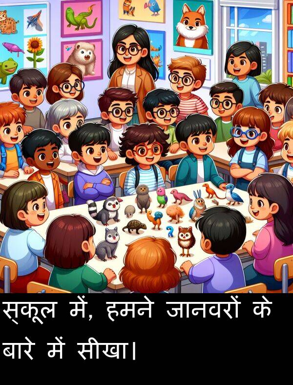 हमने: स्कूल में, हमने जानवरों के बारे में सीखा।