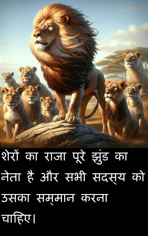 उसका: शेरों का राजा पूरे झुंड का नेता है और सभी सदस्य को उसका सम्मान करना चाहिए।