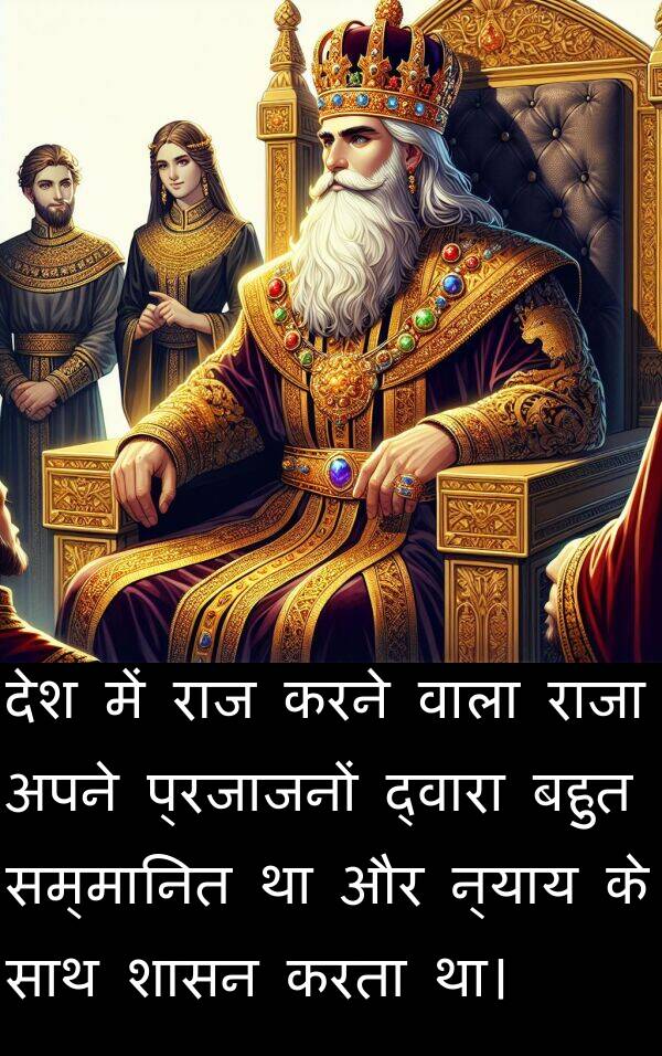 न्याय: देश में राज करने वाला राजा अपने प्रजाजनों द्वारा बहुत सम्मानित था और न्याय के साथ शासन करता था।